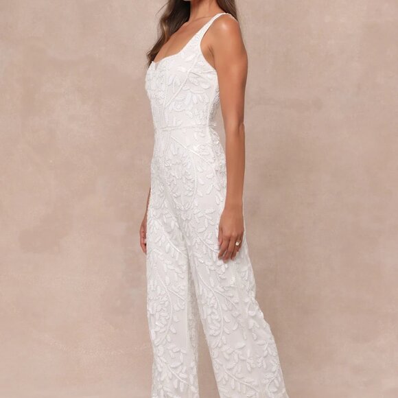 NWT XS Glittering Influence White Mesh Beaded Lace-Up Jumpsuit - Picture 3 of 8